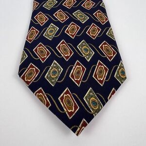 Vintage‎ Chaps Ralph Lauren Necktie Silk Tie Blue Geometric Abstract Medallion